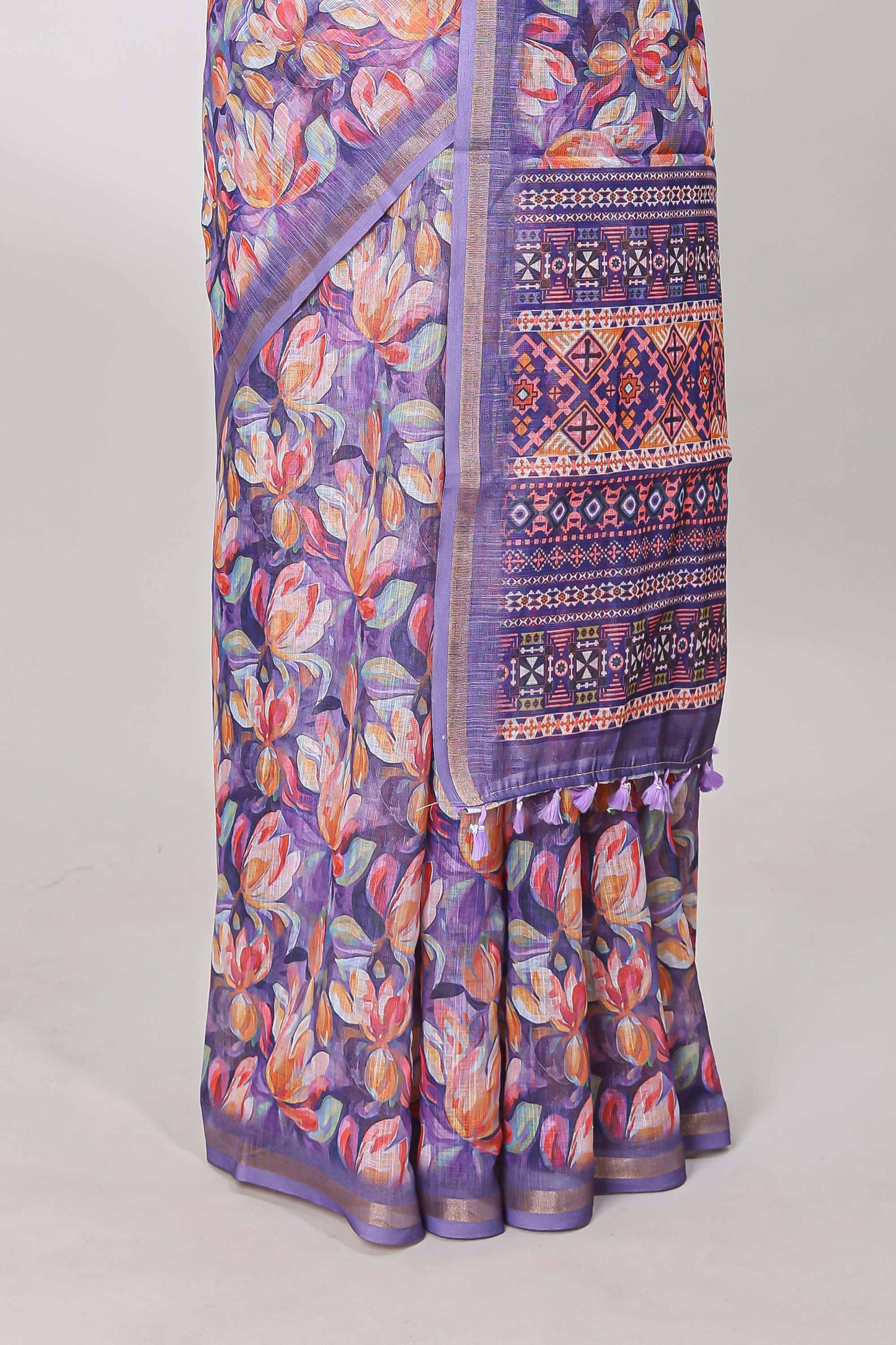 Lavender linen cotton saree with floral design and Ikkat motif pallu