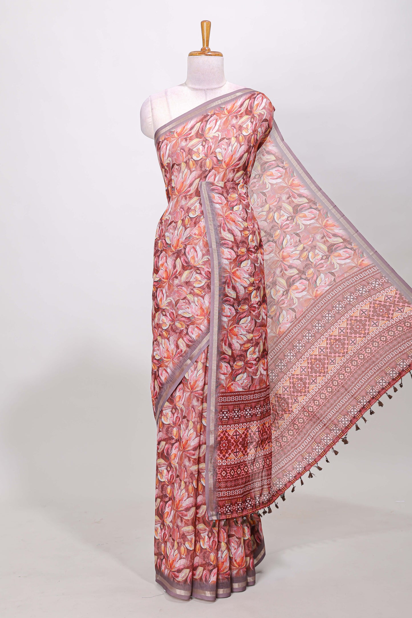 Pastel rose lilac linen cotton saree with floral design and Ikkat motif pallu