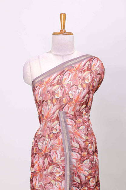 Pastel rose lilac linen cotton saree with floral design and Ikkat motif pallu