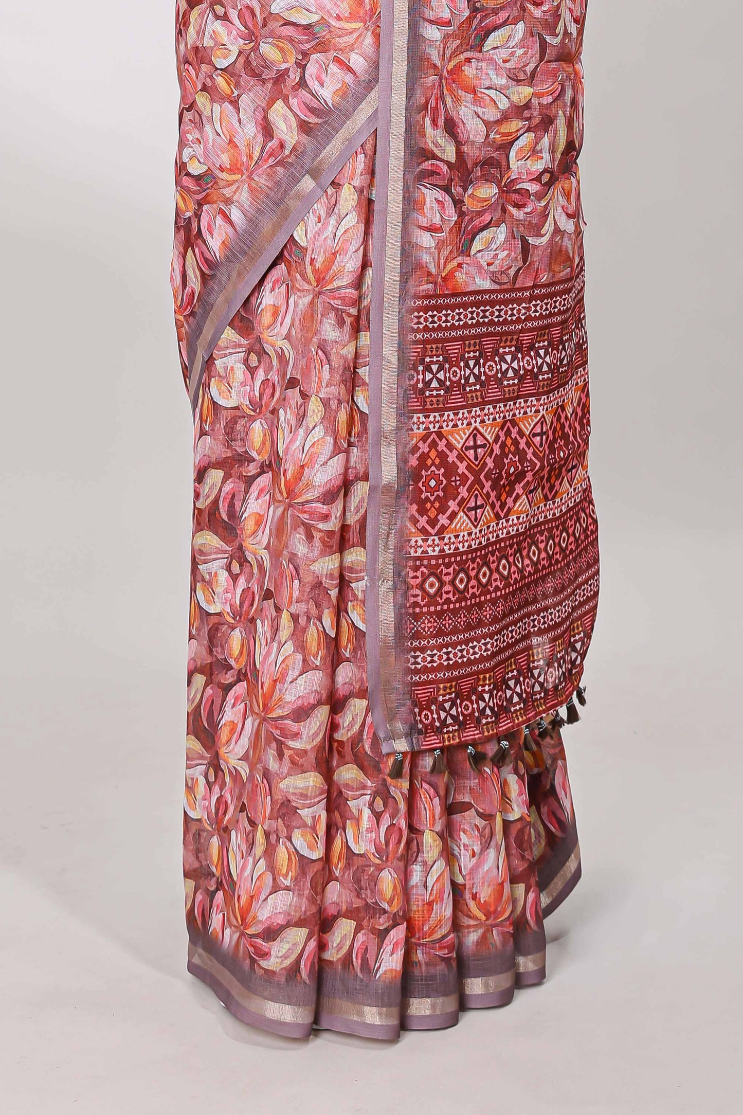 Pastel rose lilac linen cotton saree with floral design and Ikkat motif pallu