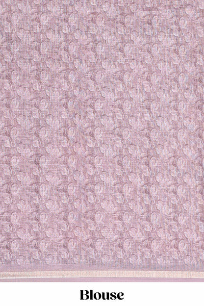 Pastel rose lilac linen cotton saree with floral design and Ikkat motif pallu