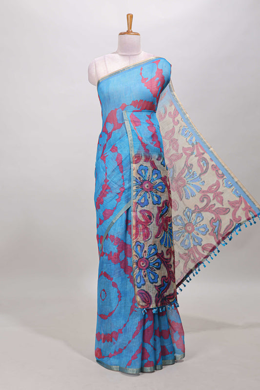 Blue shibori print linen cotton saree with self zari border and contrast printed pallu