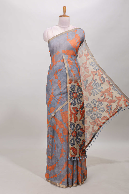 Grey shibori print linen cotton saree with self zari border and contrast printed pallu