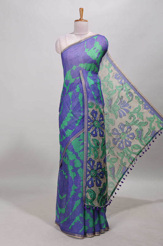 Purple shibori print linen cotton saree with self zari border and contrast printed pallu