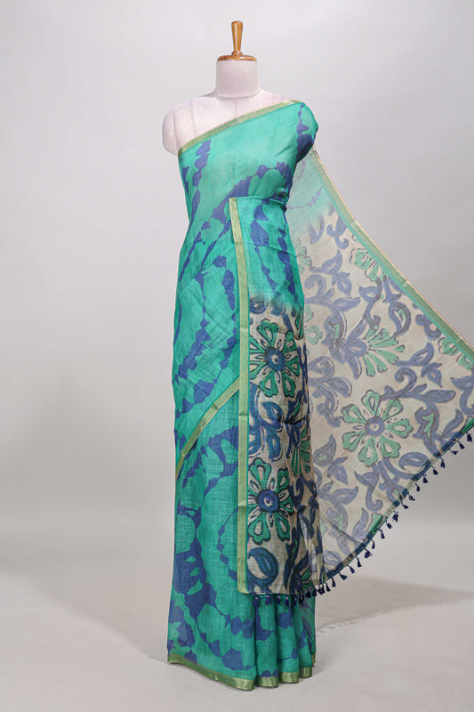 Green shibori print linen cotton saree with self zari border and contrast printed pallu