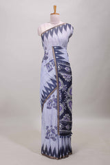 Lavender lotus and crane birds motis linen cotton saree with ikkat style self zari border and pallu