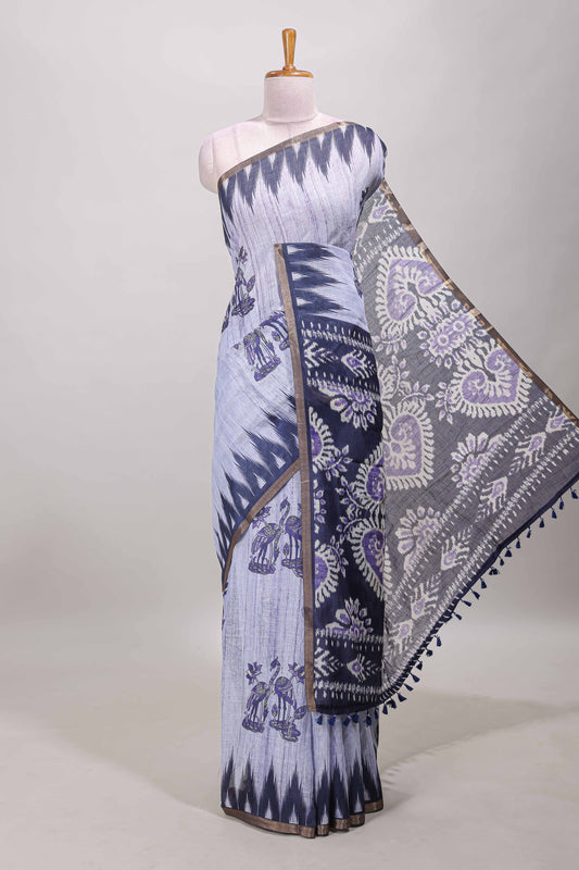Lavender lotus and crane birds motis linen cotton saree with ikkat style self zari border and pallu