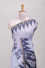 Lavender lotus and crane birds motis linen cotton saree with ikkat style self zari border and pallu