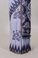 Lavender lotus and crane birds motis linen cotton saree with ikkat style self zari border and pallu