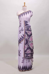 Purple lotus and crane birds motis linen cotton saree with ikkat style self zari border and pallu