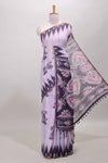 Purple lotus and crane birds motis linen cotton saree with ikkat style self zari border and pallu