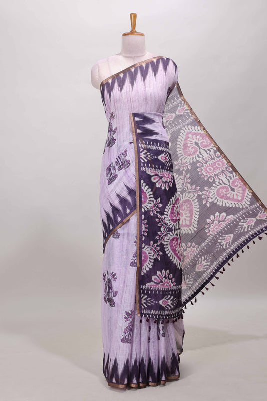 Purple lotus and crane birds motis linen cotton saree with ikkat style self zari border and pallu