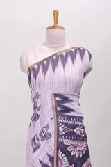 Purple lotus and crane birds motis linen cotton saree with ikkat style self zari border and pallu
