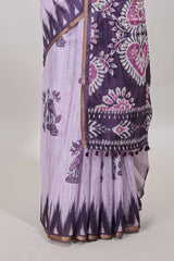 Purple lotus and crane birds motis linen cotton saree with ikkat style self zari border and pallu