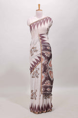 Brown lotus and crane birds motis linen cotton saree with ikkat style self zari border and pallu