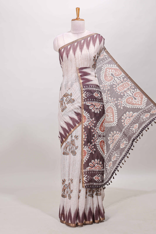 Brown lotus and crane birds motis linen cotton saree with ikkat style self zari border and pallu