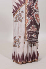 Brown lotus and crane birds motis linen cotton saree with ikkat style self zari border and pallu