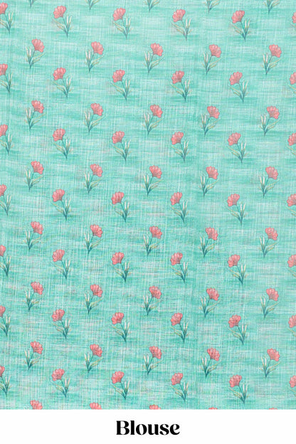 Green linen cotton saree with floral vines print, zari border and printed blouse