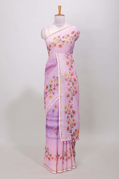 Pink linen cotton saree with floral vines print, zari border and printed blouse