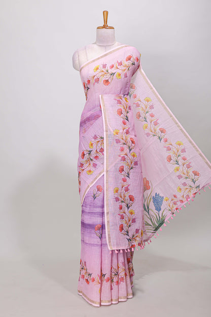 Pink linen cotton saree with floral vines print, zari border and printed blouse