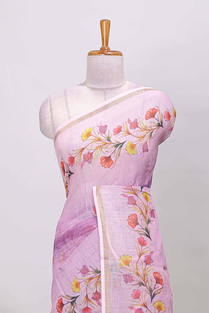Pink linen cotton saree with floral vines print, zari border and printed blouse