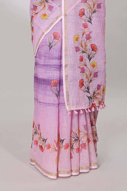 Pink linen cotton saree with floral vines print, zari border and printed blouse