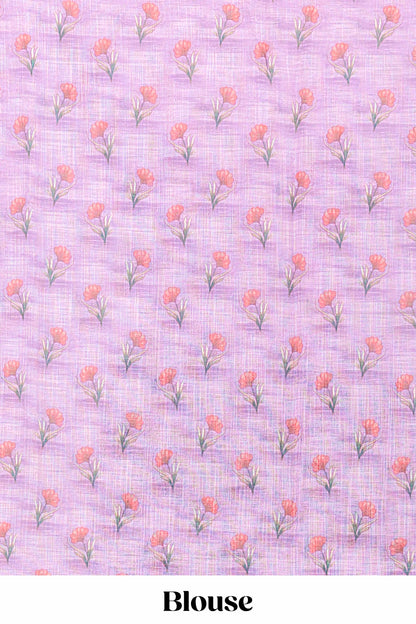 Pink linen cotton saree with floral vines print, zari border and printed blouse