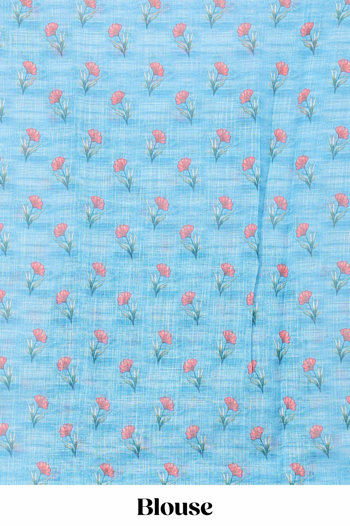 Blue linen cotton saree with floral vines print, zari border and printed blouse