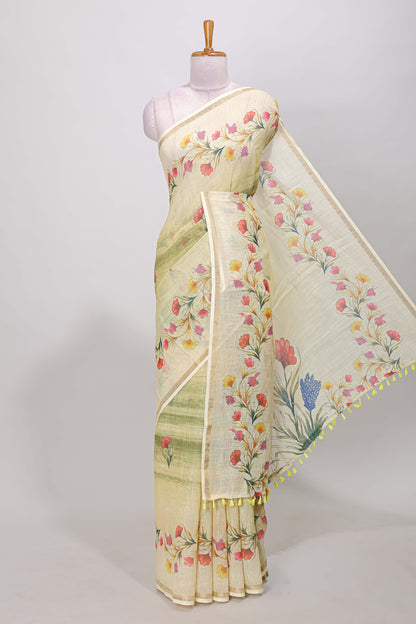 Green linen cotton saree with floral vines print, zari border and printed blouse