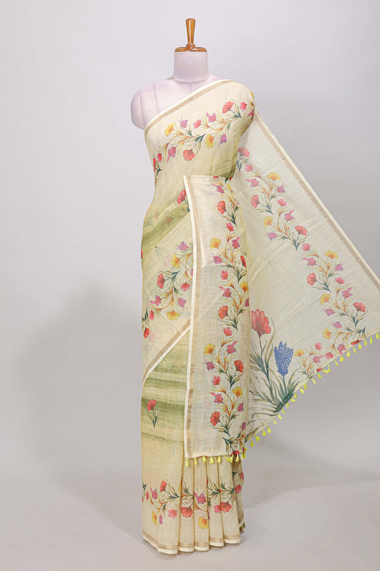 Green linen cotton saree with floral vines print, zari border and printed blouse