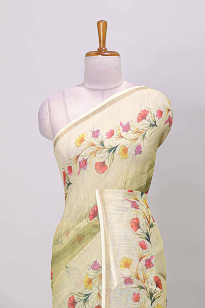 Green linen cotton saree with floral vines print, zari border and printed blouse