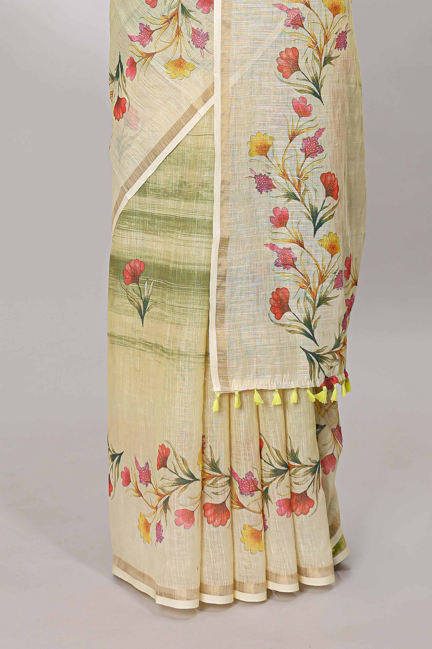 Green linen cotton saree with floral vines print, zari border and printed blouse