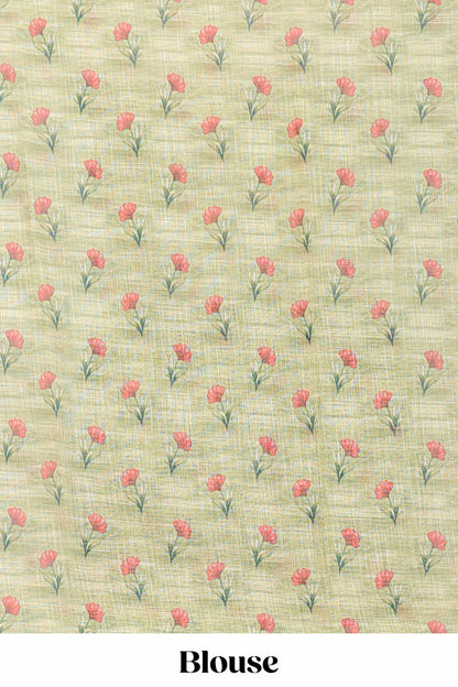 Green linen cotton saree with floral vines print, zari border and printed blouse