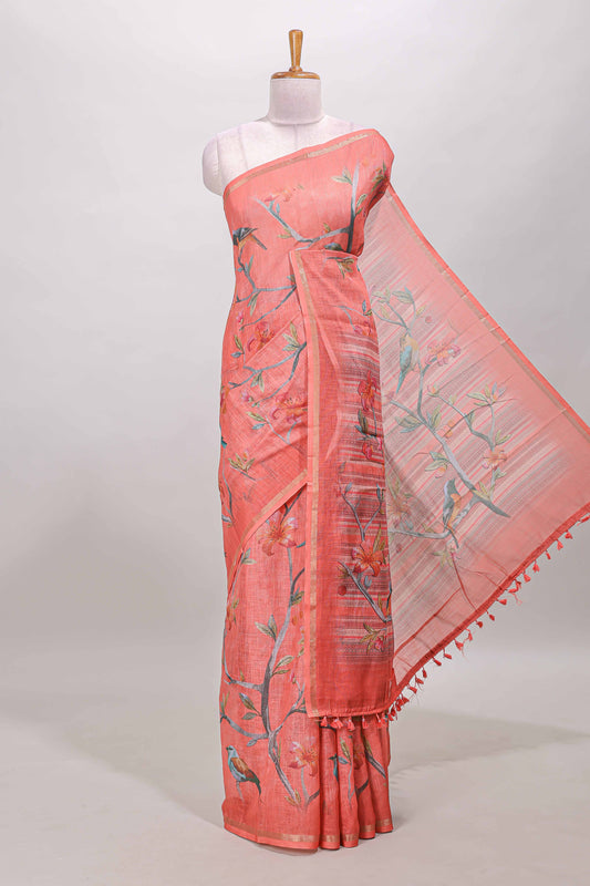 Orange birds and floral design linen cotton saree with self zari border and matching printed blouse