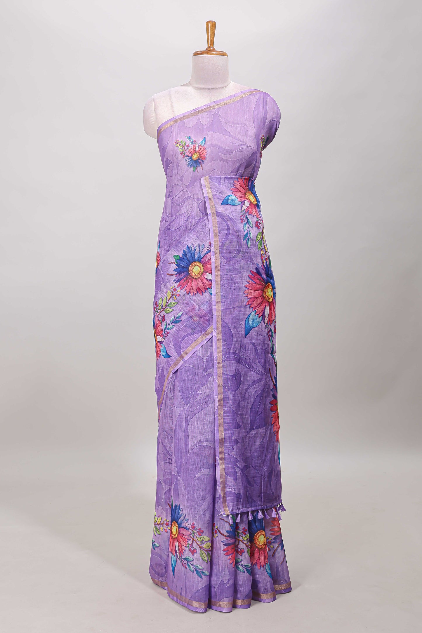 Lavender floral print linen cotton saree with self zari border and matching blouse