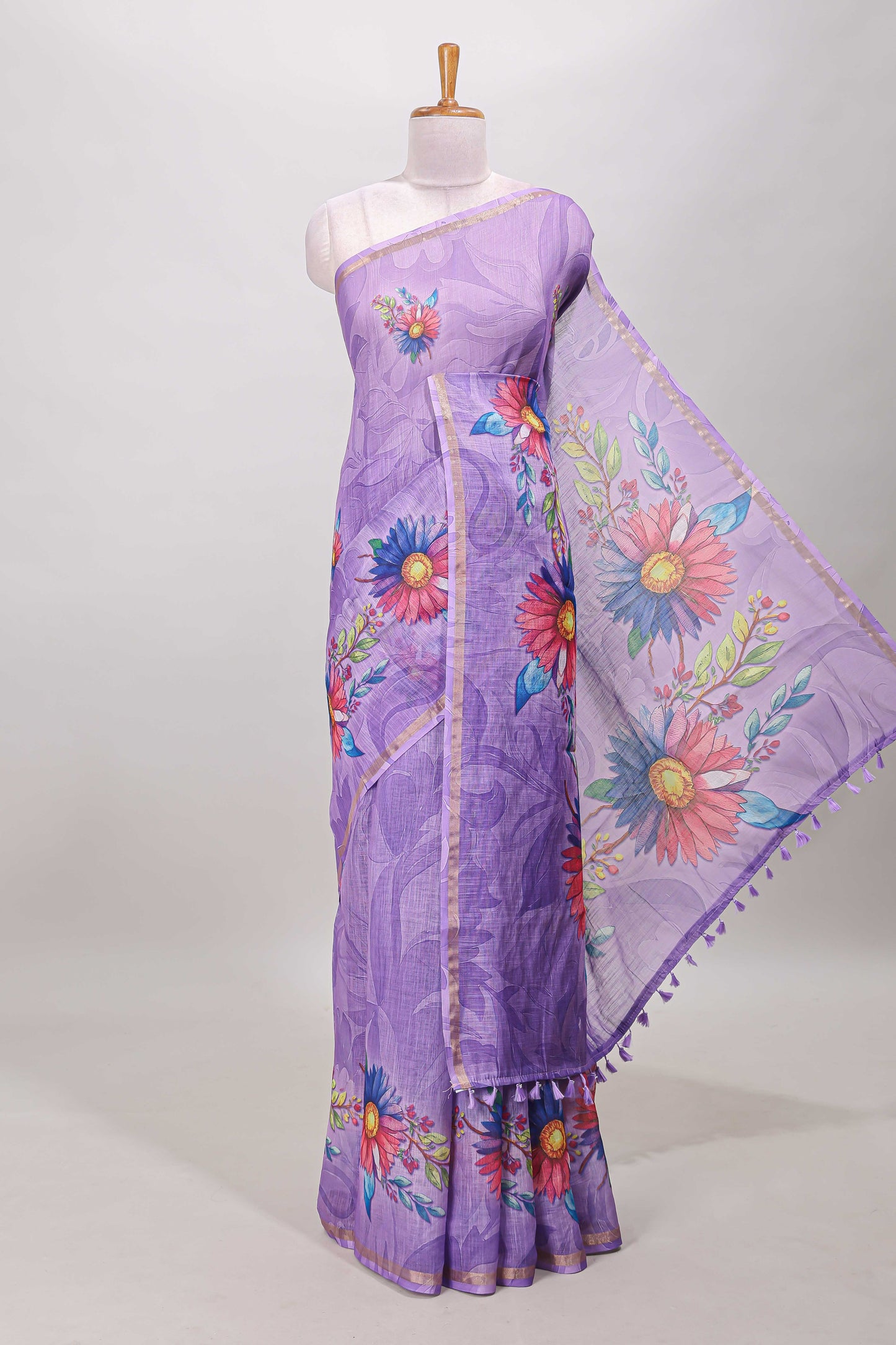 Lavender floral print linen cotton saree with self zari border and matching blouse