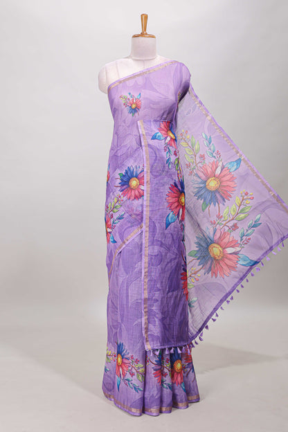 Lavender floral print linen cotton saree with self zari border and matching blouse