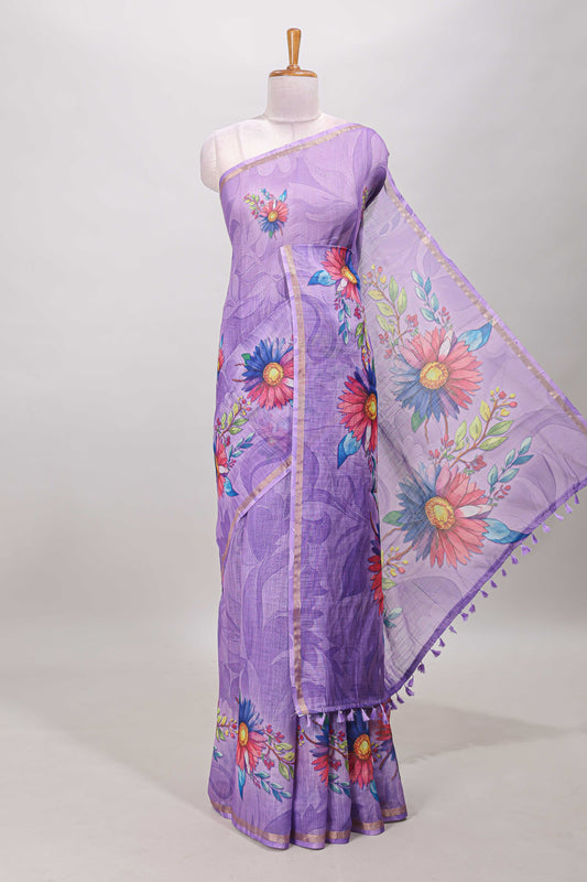 Lavender floral print linen cotton saree with self zari border and matching blouse