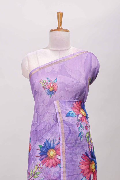 Lavender floral print linen cotton saree with self zari border and matching blouse