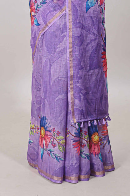 Lavender floral print linen cotton saree with self zari border and matching blouse