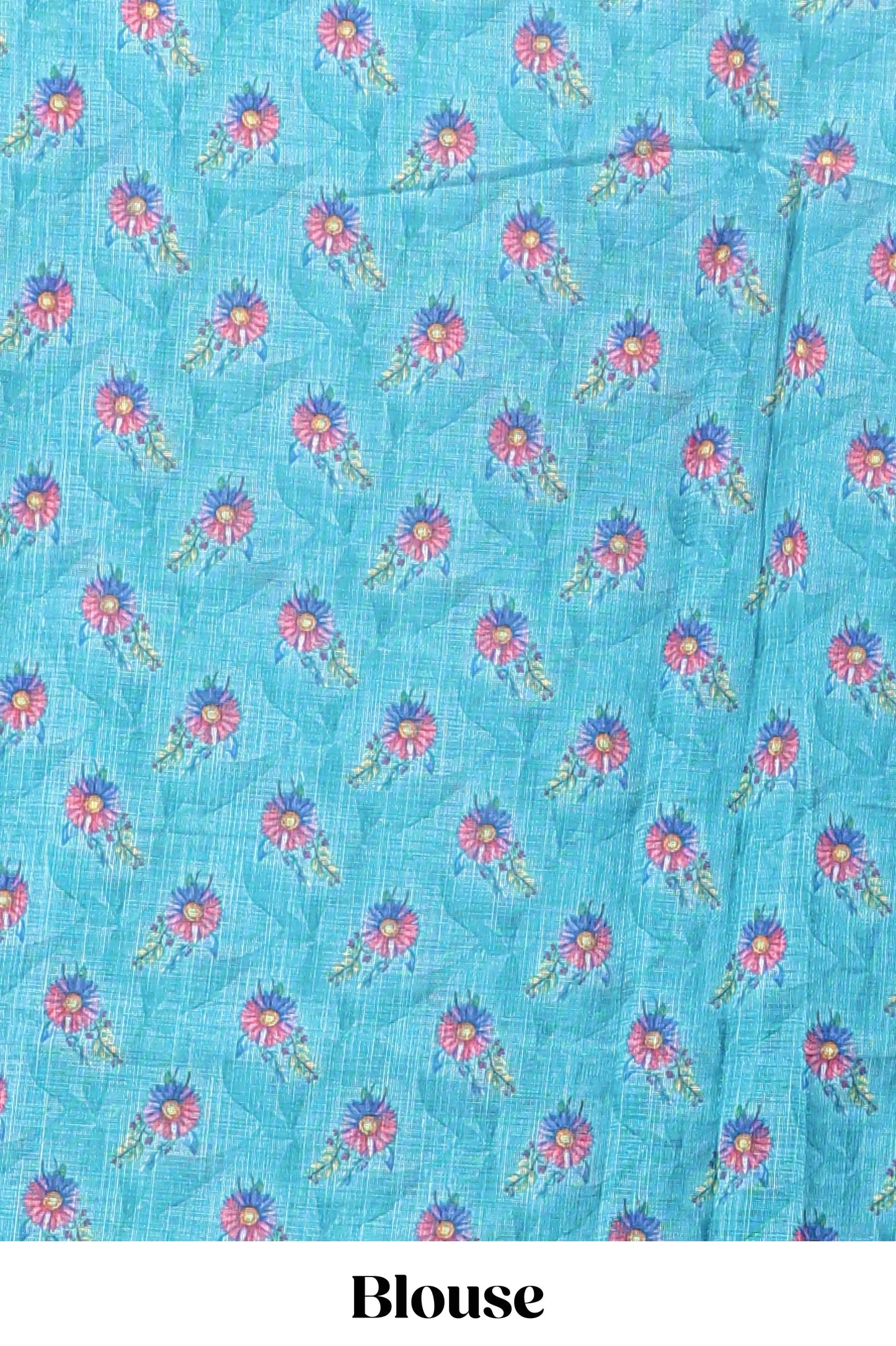 Turquoise green floral print linen cotton saree with self zari border and matching blouse