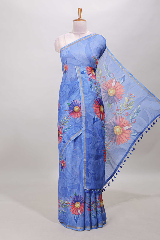 Blue floral print linen cotton saree with self zari border and matching blouse