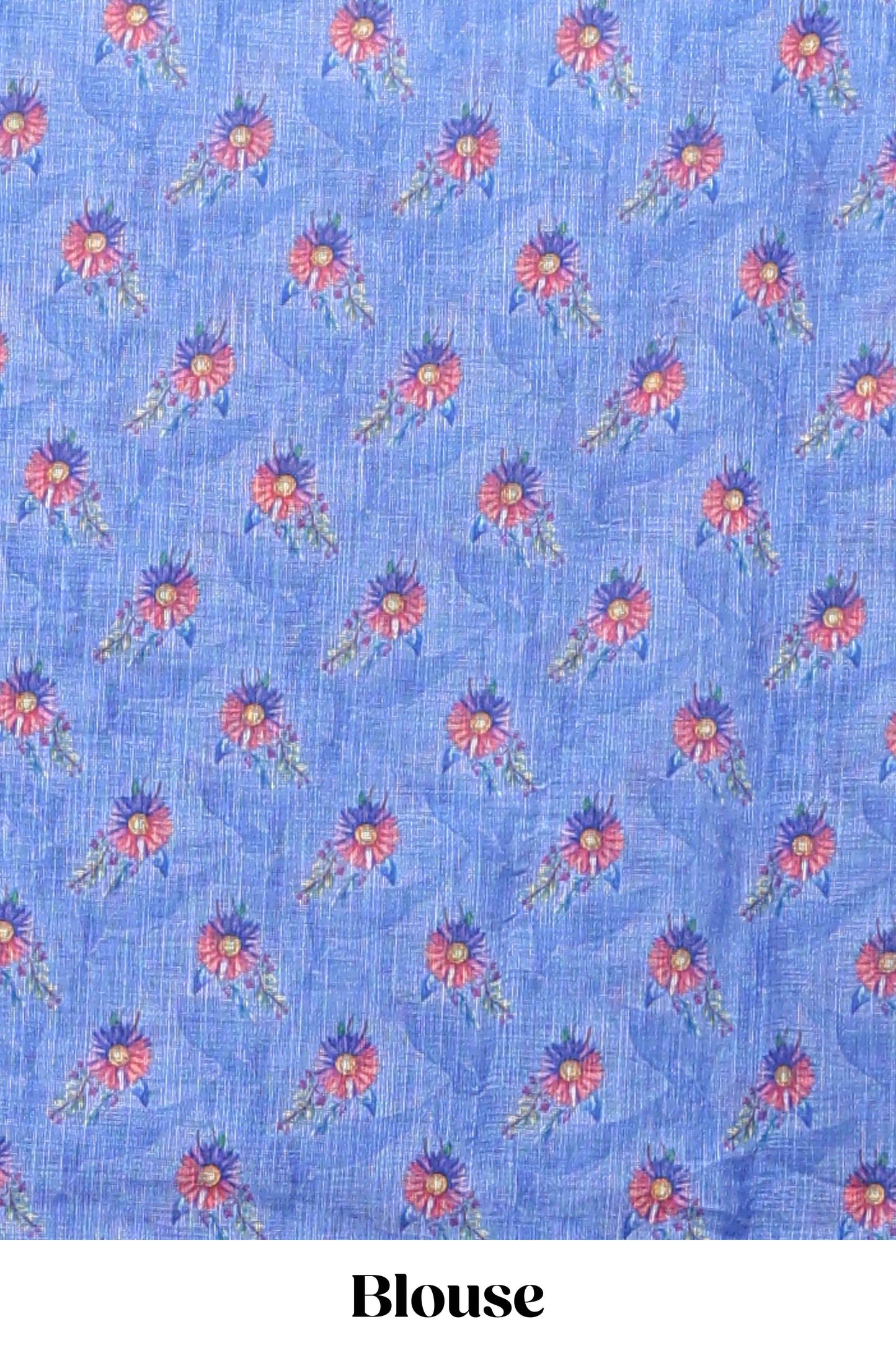 Blue floral print linen cotton saree with self zari border and matching blouse