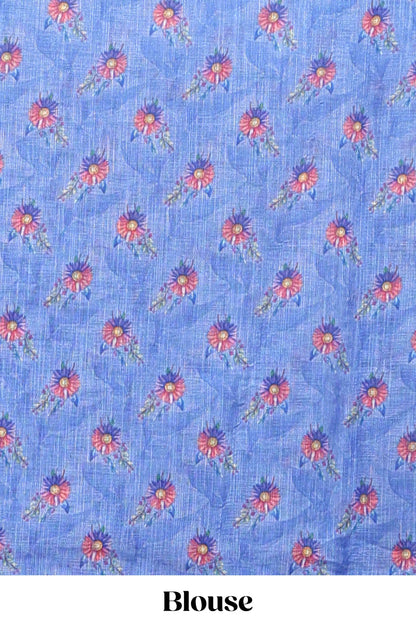 Blue floral print linen cotton saree with self zari border and matching blouse