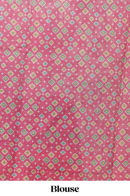 Green elephant motifs linen cotton saree with contrast ikkat style border and printed blouse