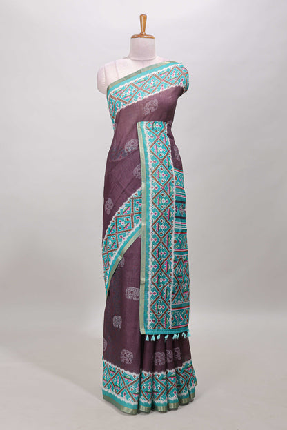 Plum violet elephant motifs linen cotton saree with contrast ikkat style border and printed blouse