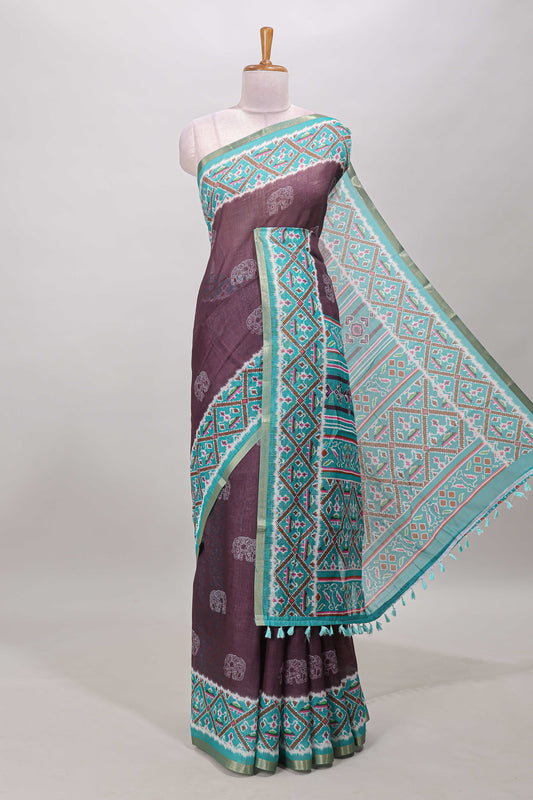 Plum violet elephant motifs linen cotton saree with contrast ikkat style border and printed blouse