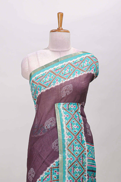 Plum violet elephant motifs linen cotton saree with contrast ikkat style border and printed blouse