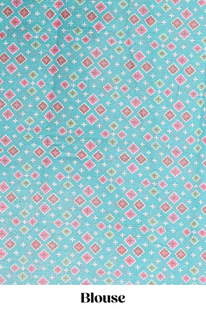 Plum violet elephant motifs linen cotton saree with contrast ikkat style border and printed blouse