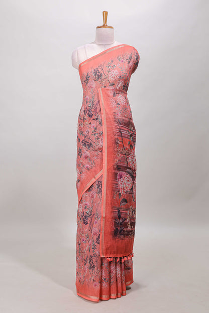 Orange floral design linen cotton saree with self zari border and floral printed pallu
